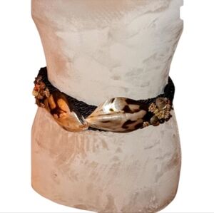 Vintage~Handmade Iridescent Shell Statement Rope Belt Black Tan Beaded Boho~OSFM
